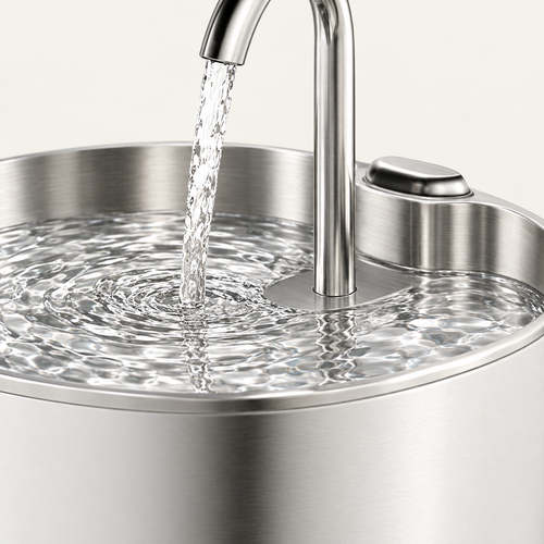Close detail of the brushed stainless steel top plate and the channel where water runs down into the bowl