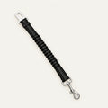 A single black dog car seatbelt tether with a ribbed bungee mid-section, grey reflective stitching, a chrome seatbelt buckle tongue at one end and a chrome swivel snap hook at the other