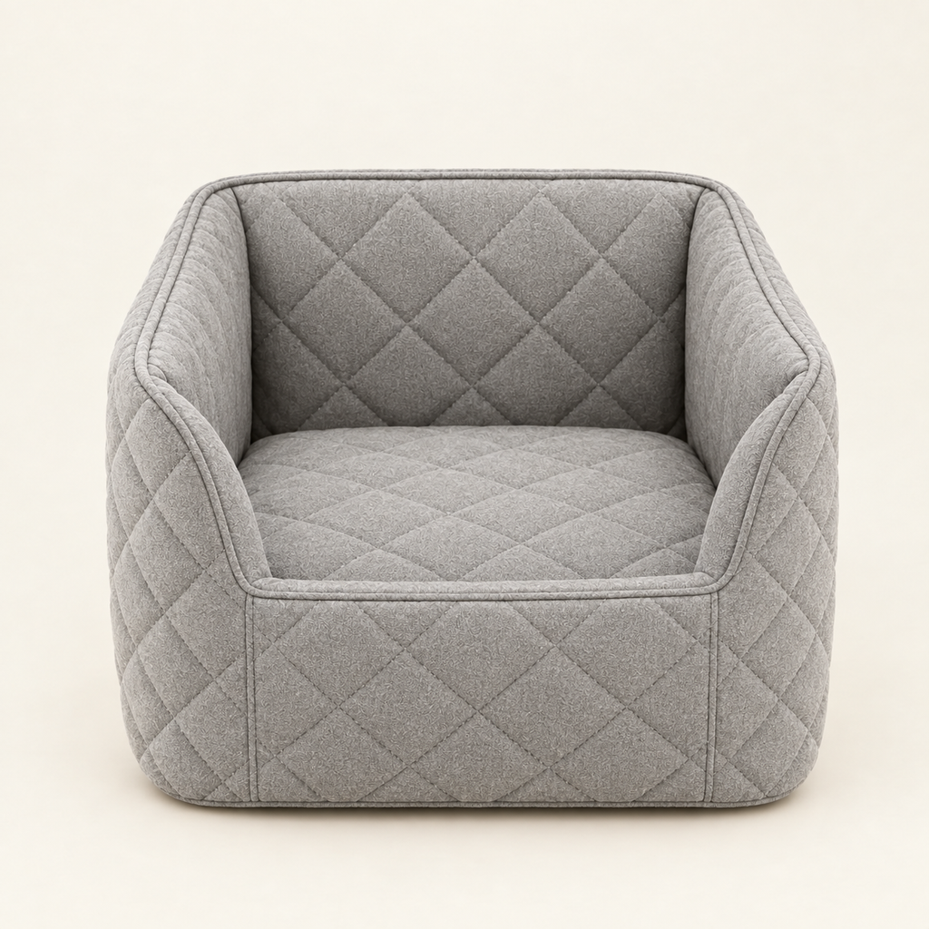 The same dog booster seat from the front showing the raised padded walls and the interior base on a warm cream background.