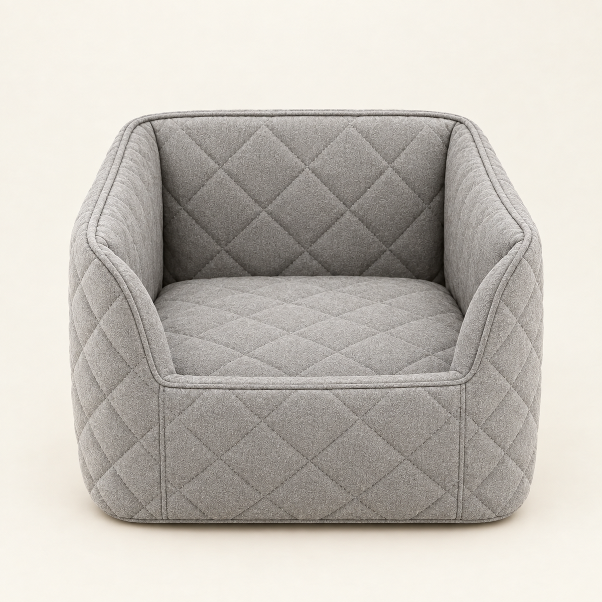 The same dog booster seat from the front showing the raised padded walls and the interior base on a warm cream background.