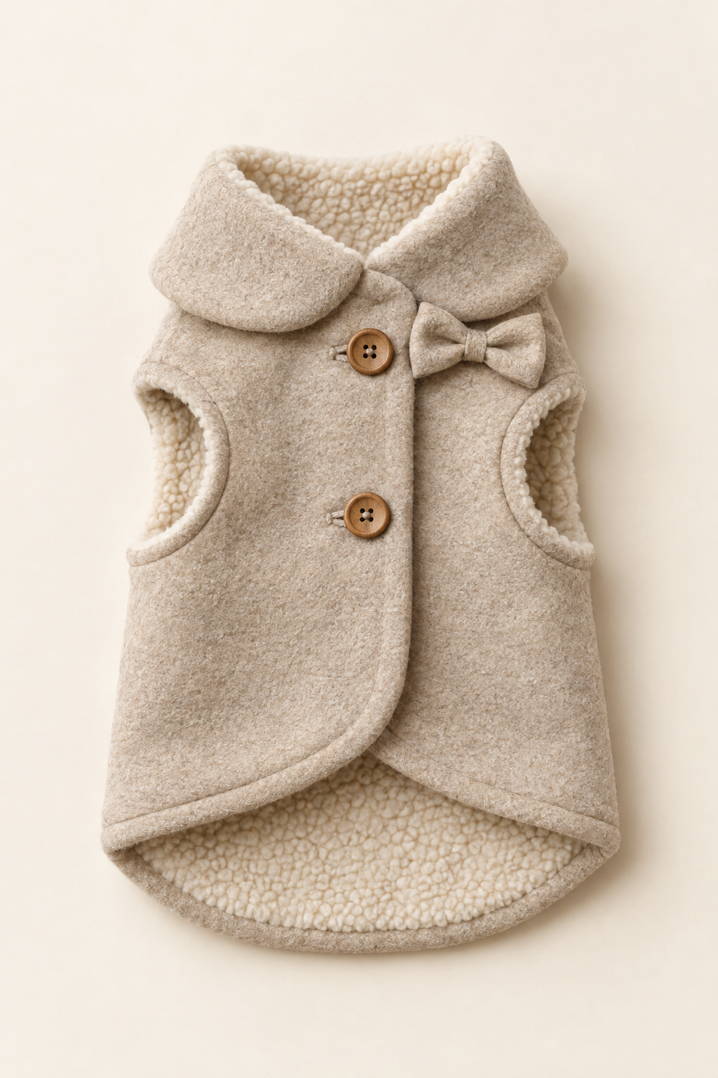 A soft oatmeal fleece-lined pet coat laid flat showing the wooden button fastening and small fabric bow on a warm cream background.