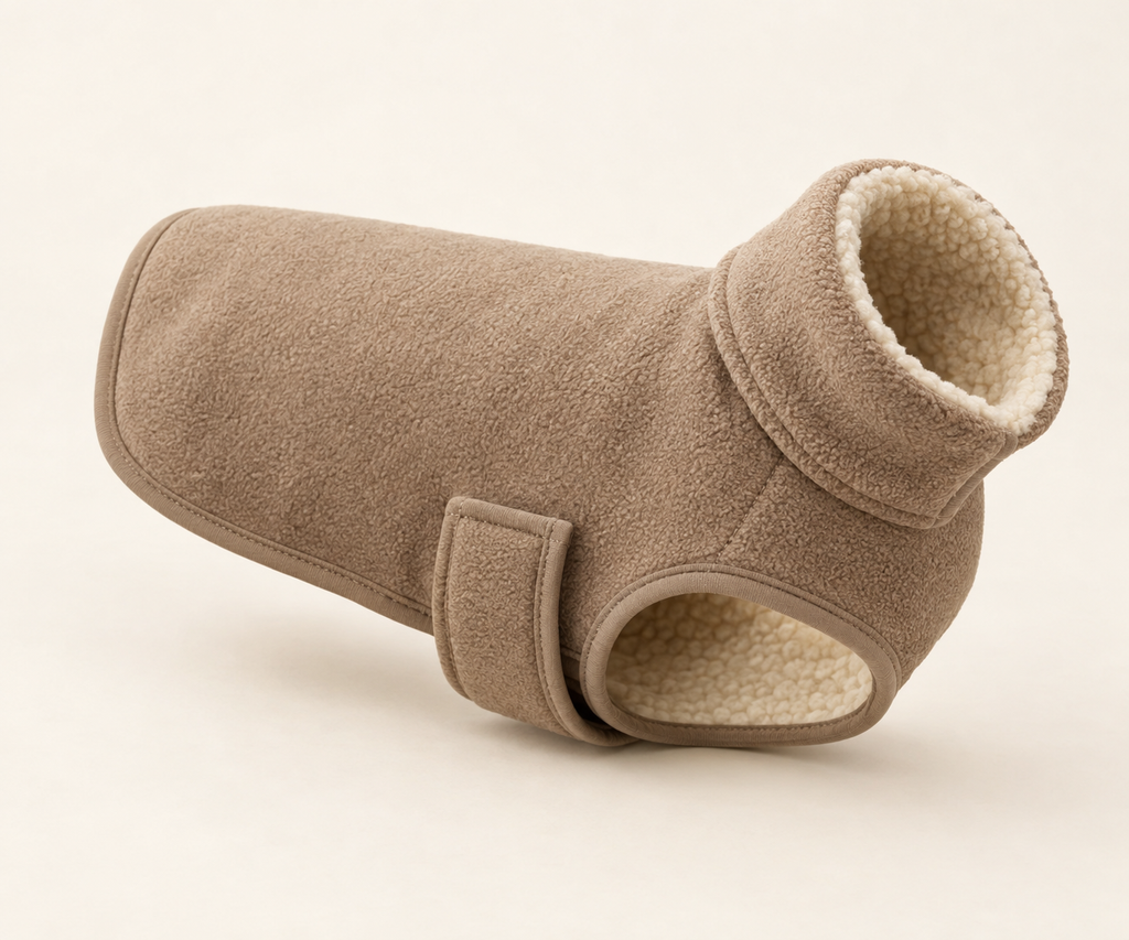 The same fleece pet coat at a three-quarter angle, gently shaped to show the fleece lining inside the collar on a warm cream background.