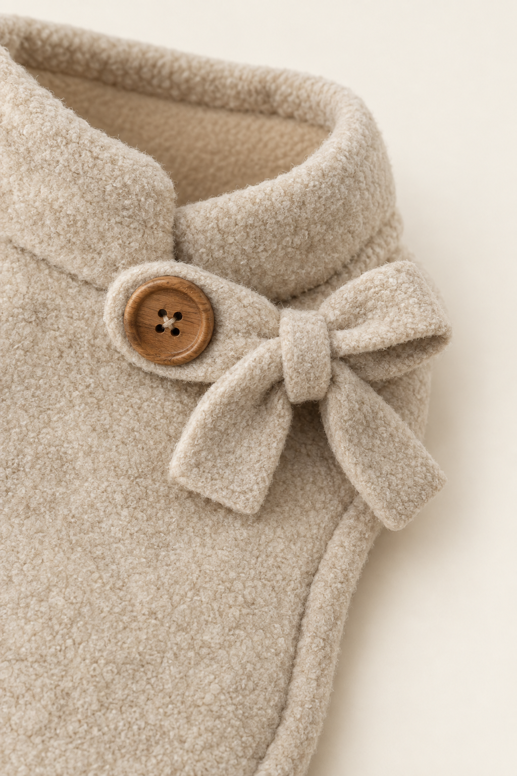 A close detail crop of the wooden button and bow detail on an oatmeal fleece pet coat on a warm cream background.