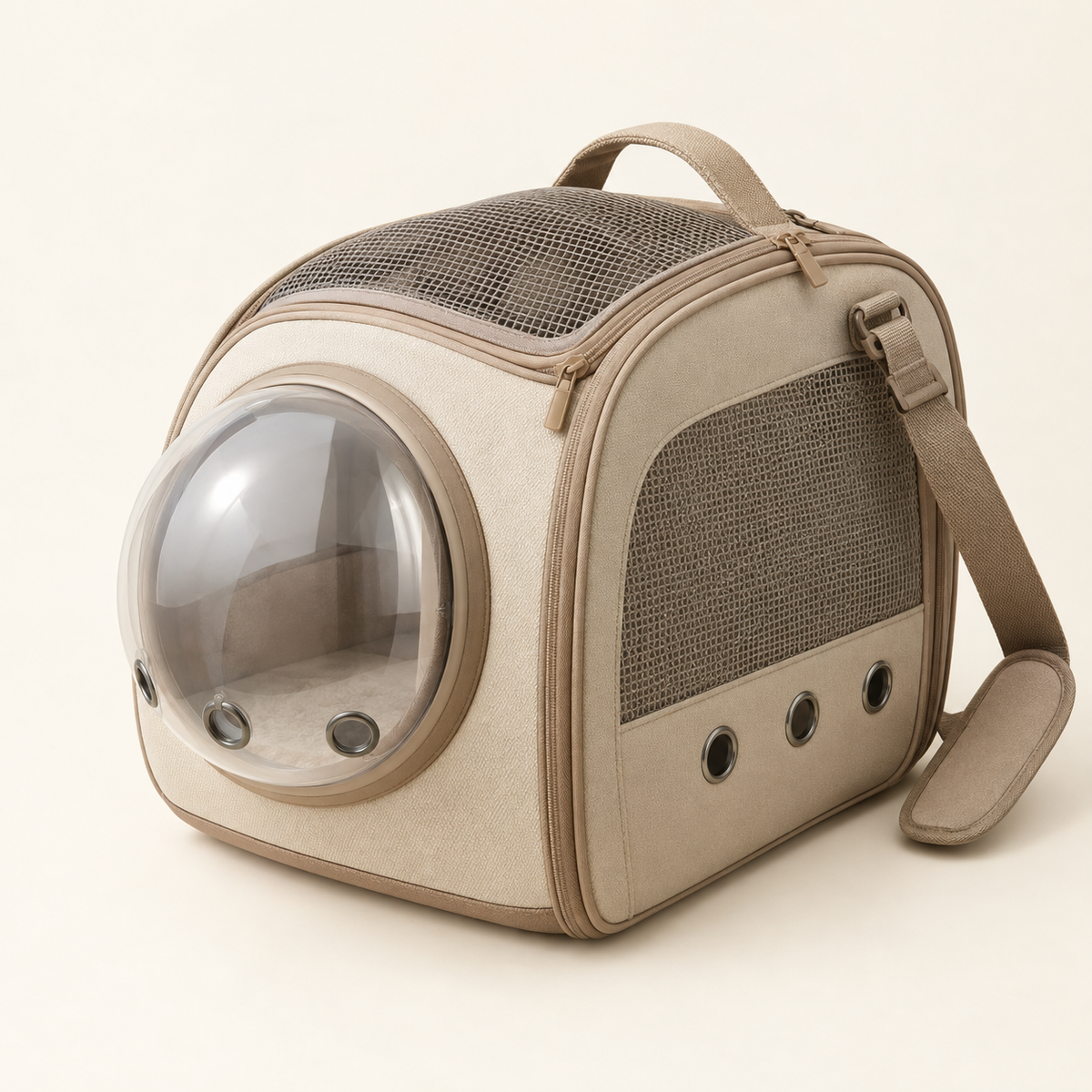 The same bubble window pet carrier from a three-quarter angle showing the mesh top panel and carry strap on a warm cream background.