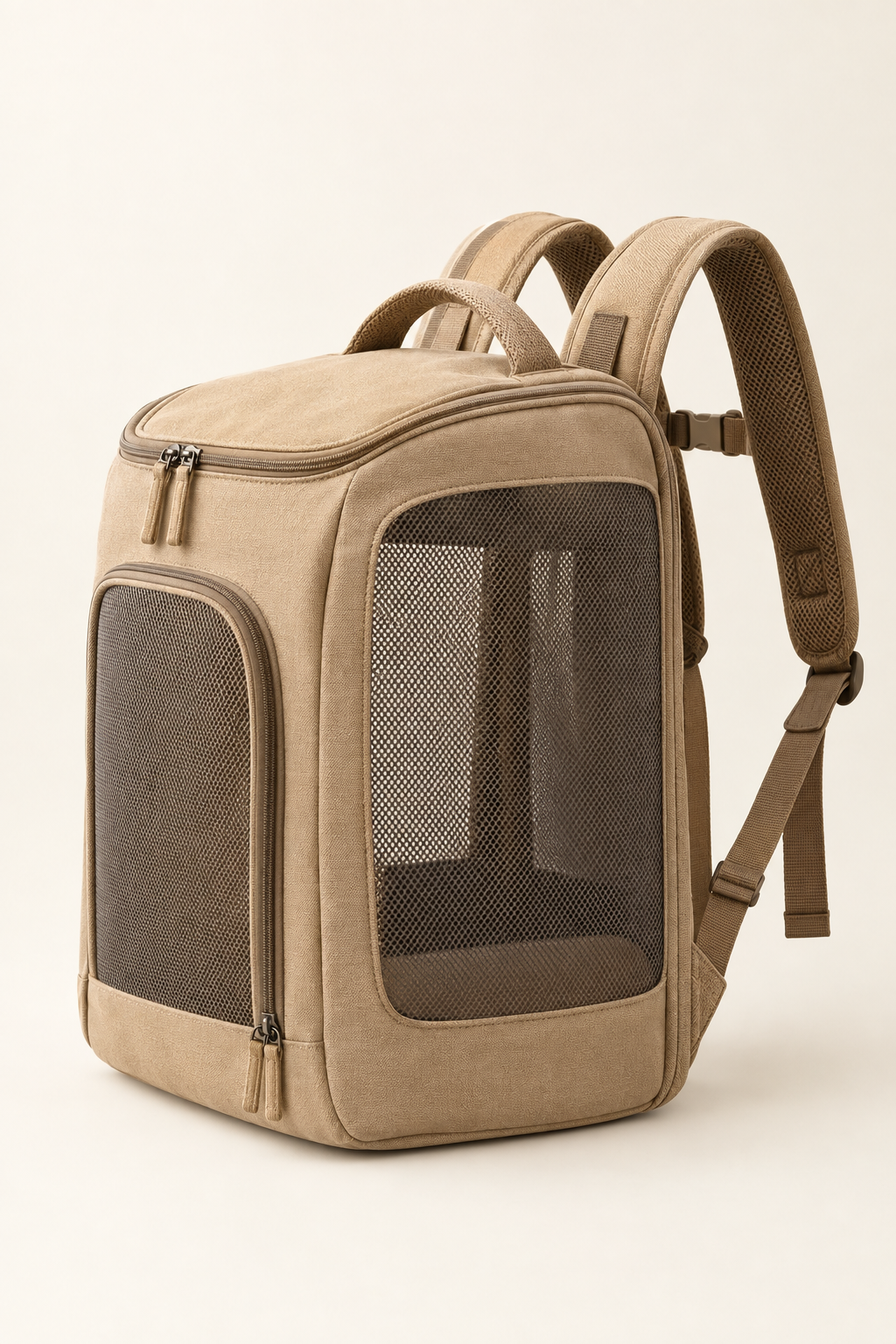 A tan canvas pet carrier backpack standing upright, showing the mesh side panel and padded shoulder straps on a warm cream background.