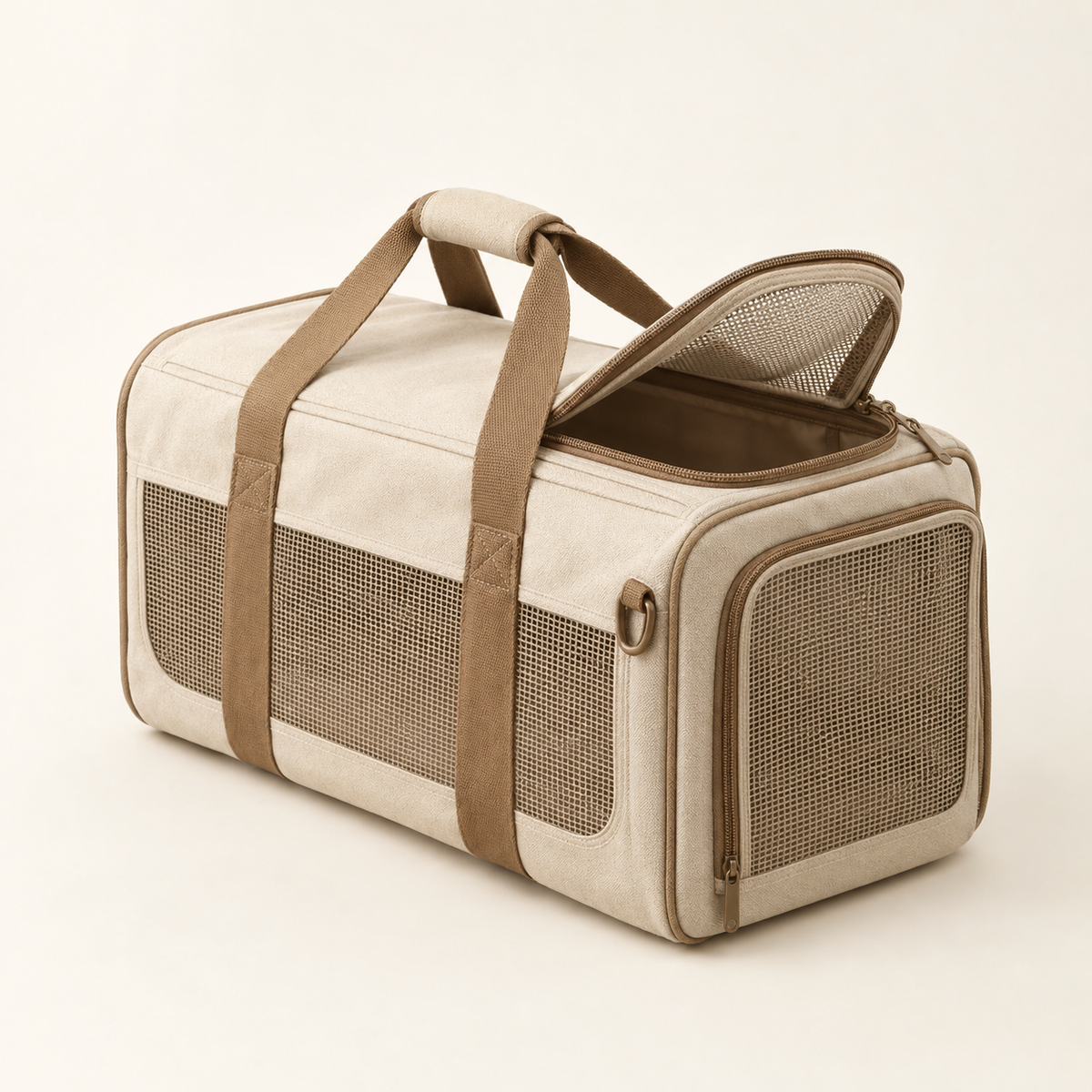 The same canvas pet carrier from a three-quarter angle with the top zip partly open on a warm cream background.