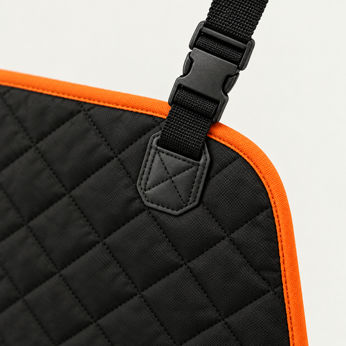 Close detail of an adjustable buckle strap and the orange piping along the edge of the black quilted cover
