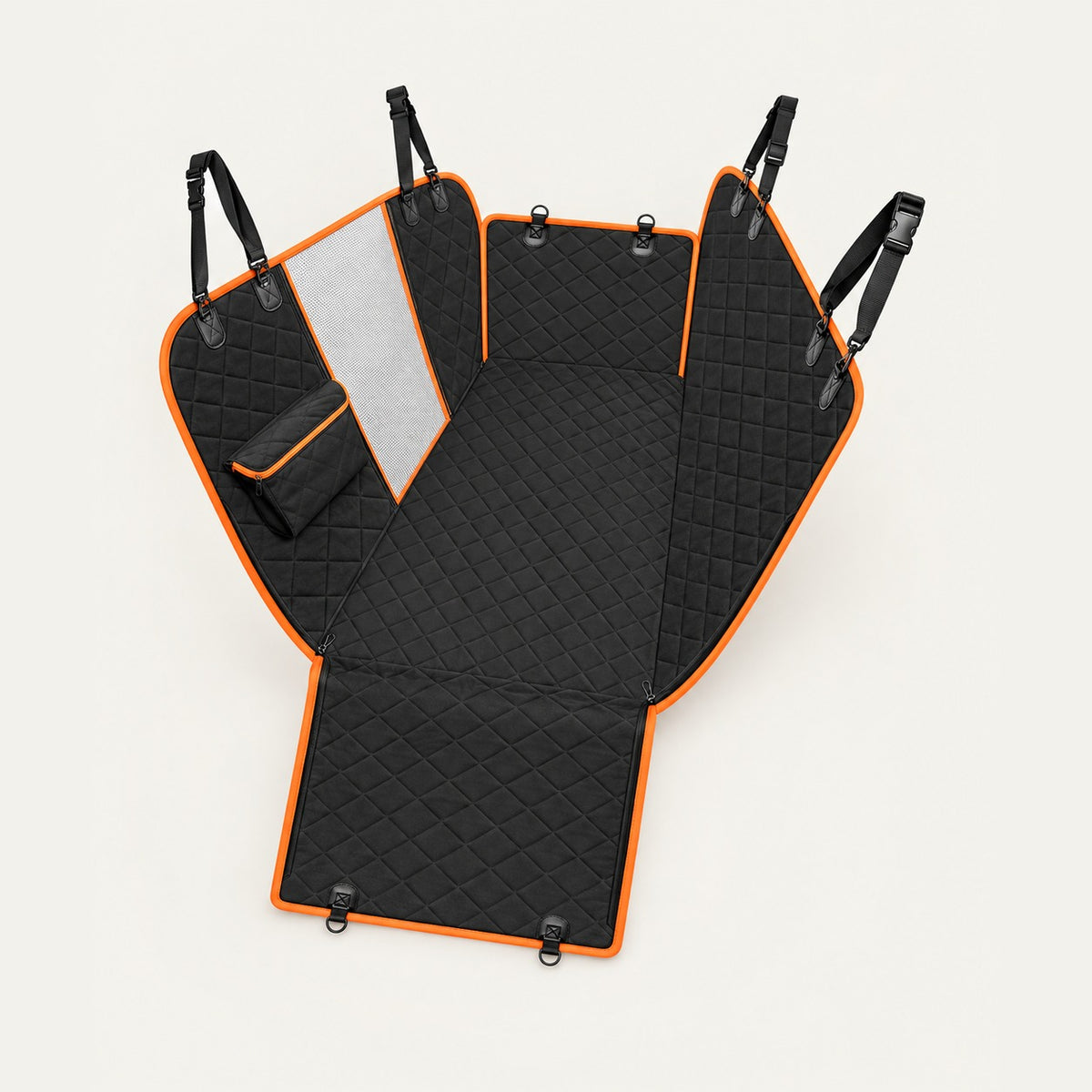 Black diamond-quilted convertible dog car seat cover with orange piping, laid open to show the grey mesh window, zipped storage pocket, side flaps and headrest straps