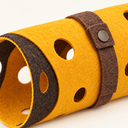 Close detail of the thickness of the pressed felt edge and the brown felt strap with its press stud fastening