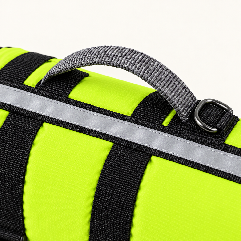 Close detail of the grey webbing grab handle stitched across the top of the jacket and the silver reflective strip beside it