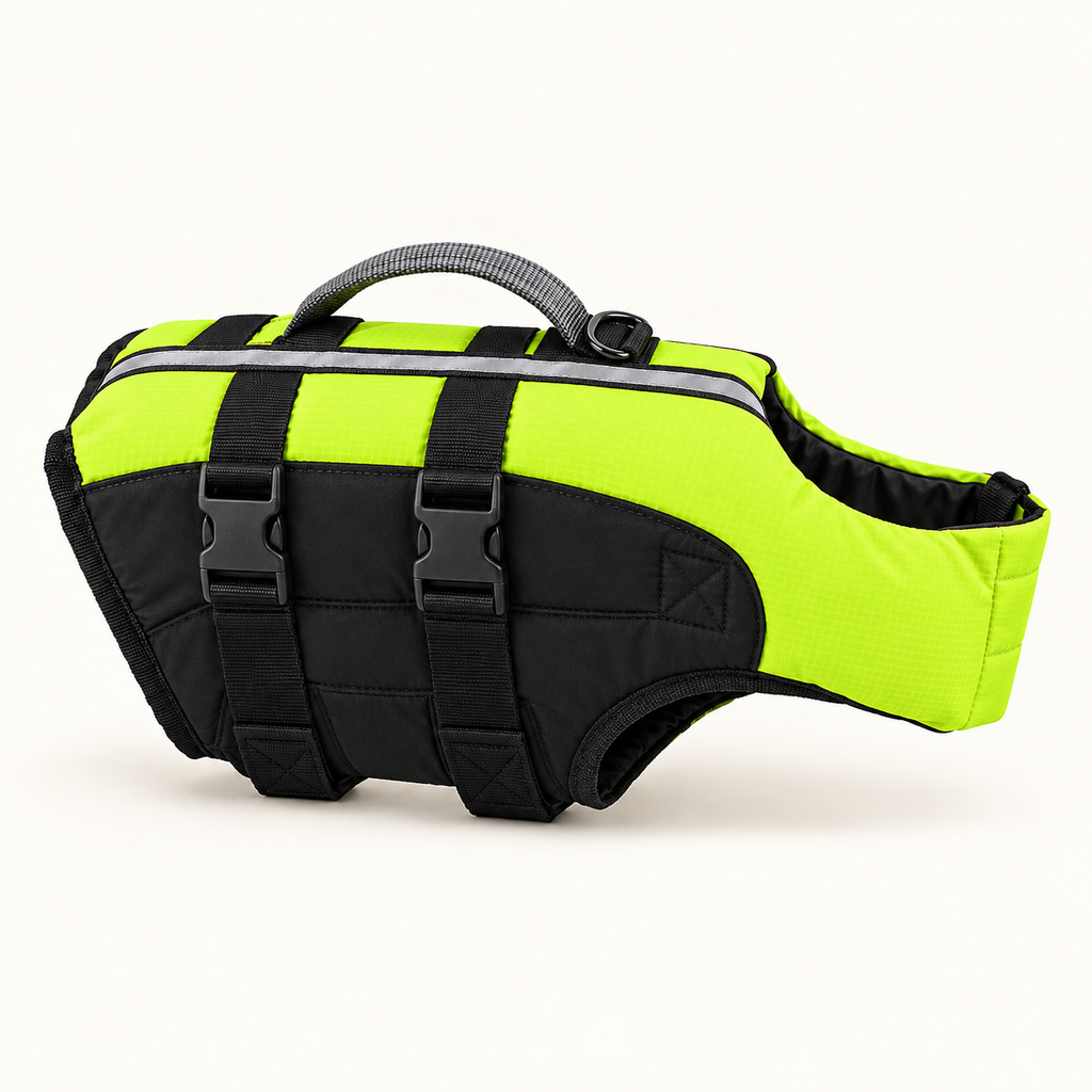 the life jacket turned to show its underside, with the black chest panel and the side-release buckles