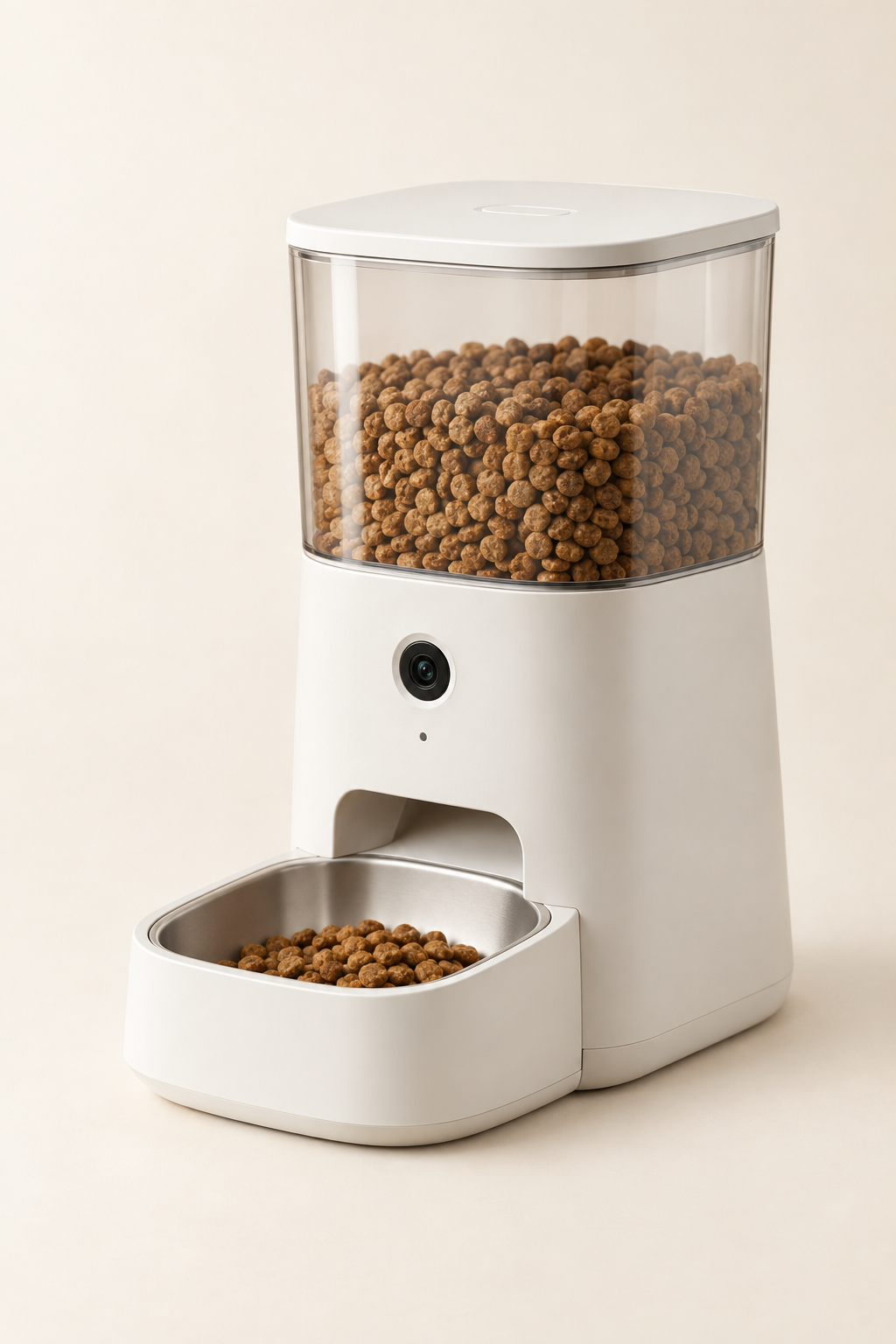 A white automatic pet feeder with a clear food hopper and a small camera lens on the front, photographed at a three-quarter angle on a warm cream background.