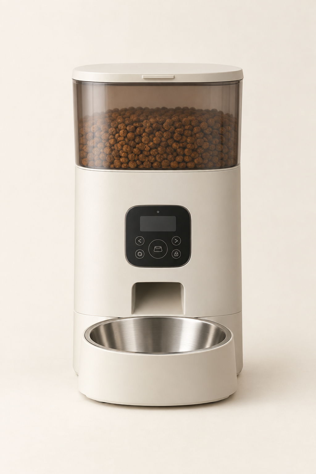 The same automatic pet feeder from the front showing the stainless bowl at its base and the control panel on a warm cream background.