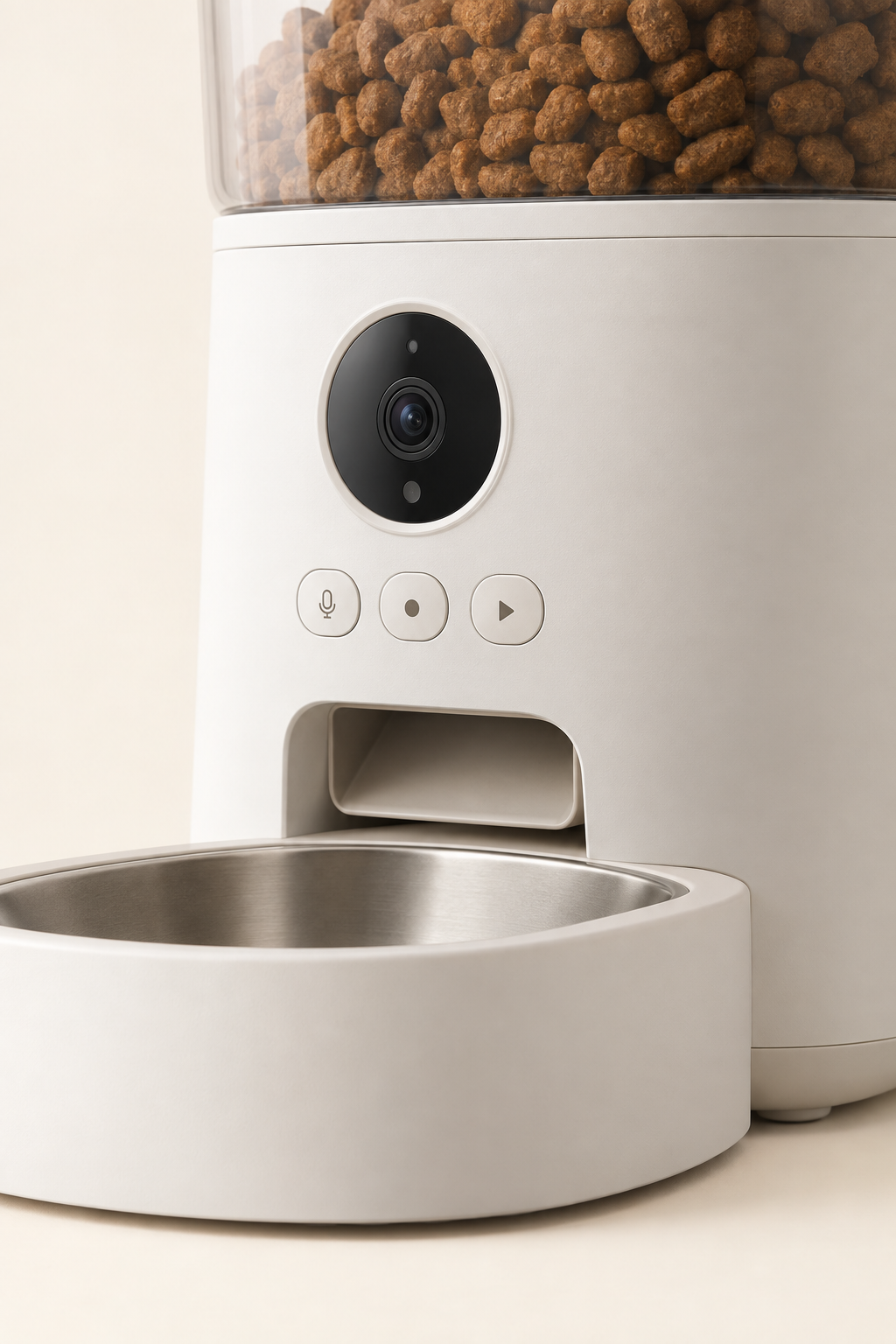 A close detail crop of the camera lens and control buttons on a white automatic pet feeder on a warm cream background.