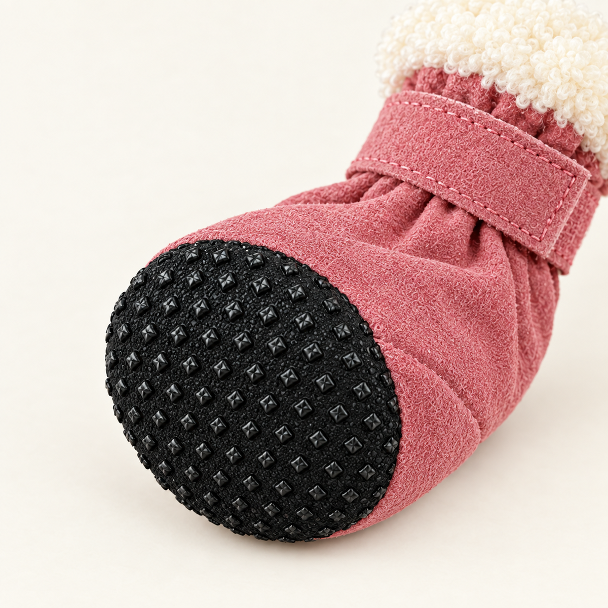 Close detail of the black textured rubber sole of one bootie, showing the raised grid tread pattern