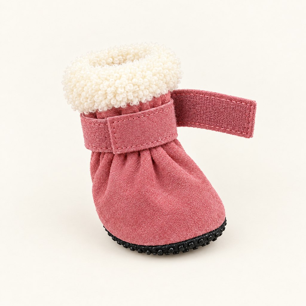 a single bootie at a three-quarter angle with its velcro strap unfastened and open
