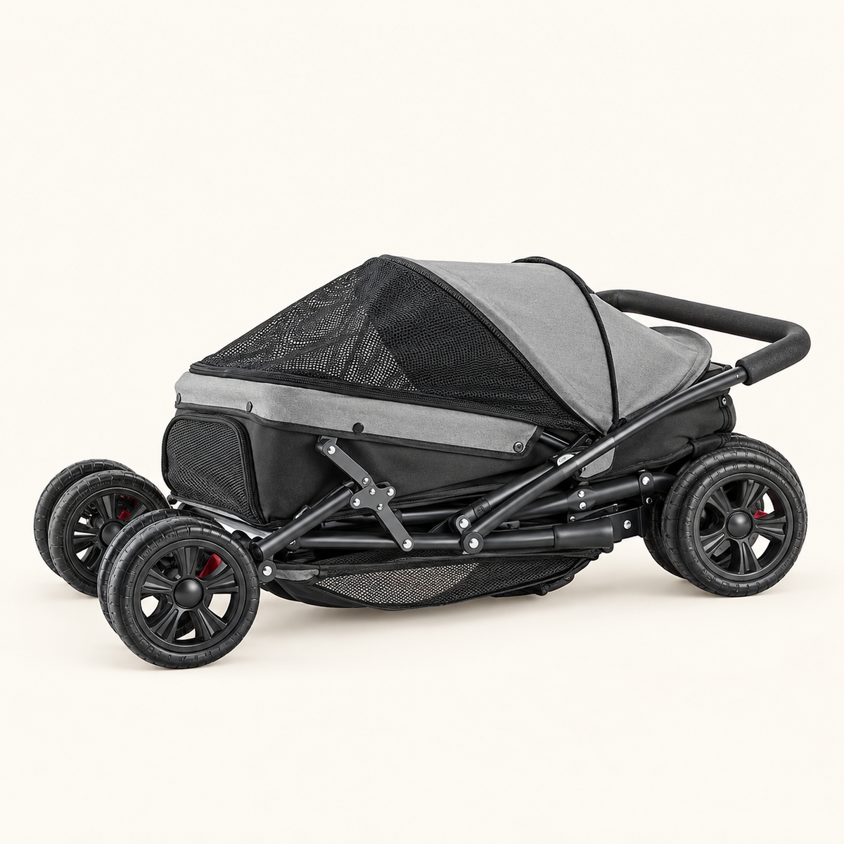 the stroller folded down flat for storage, resting on its side
