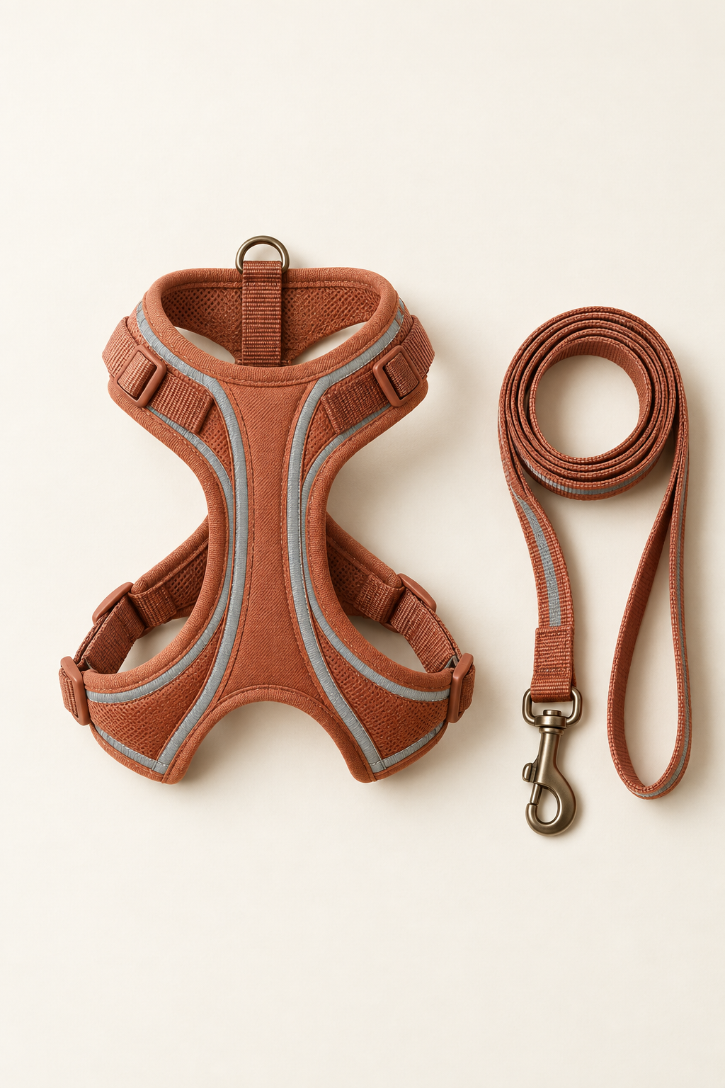 A terracotta reflective step-in dog harness with matching leash coiled beside it, photographed from above on a warm cream background.