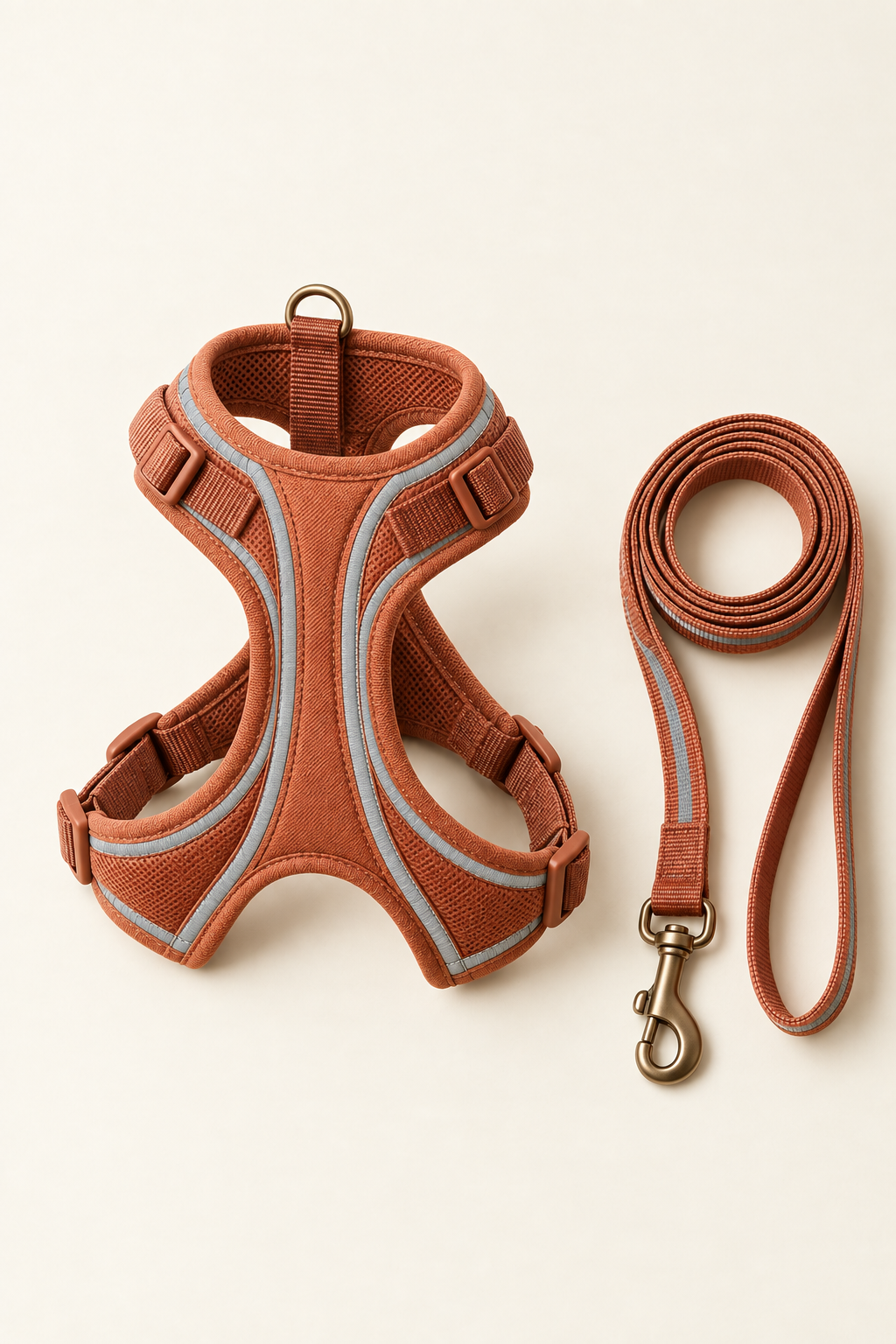 The same harness and leash set at a three-quarter angle showing the buckle and the reflective stitching line on a warm cream background.