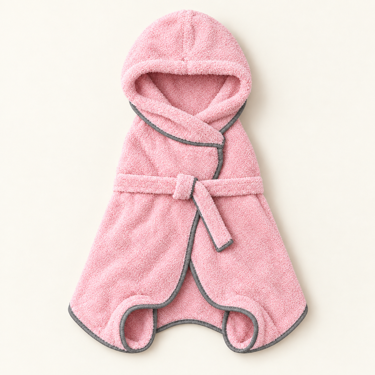 the hood of the drying robe, with the robe loosely folded beneath it