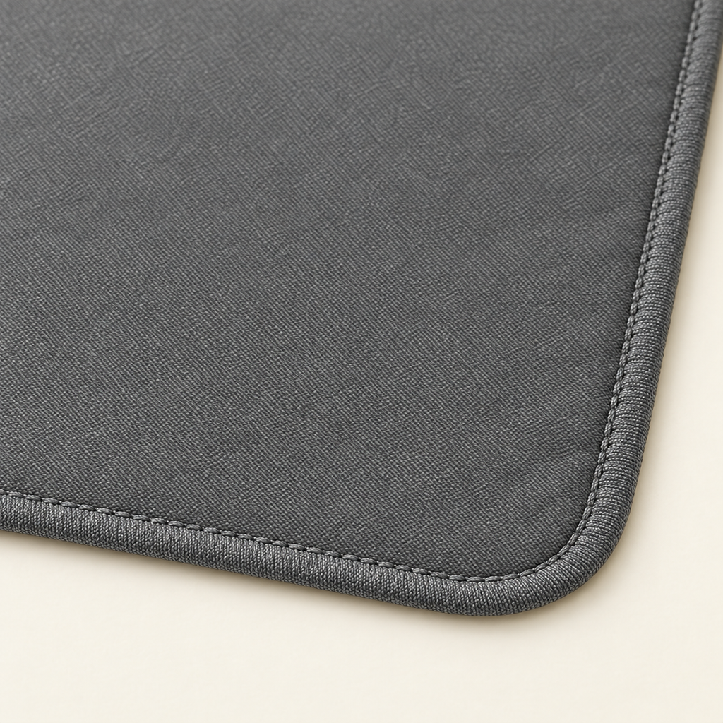 A close detail crop of the textured grid surface of a grey cat litter mat on a warm cream background.