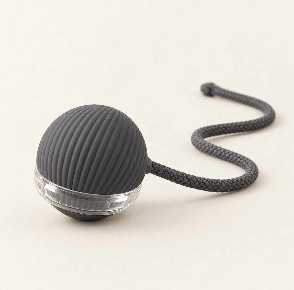 Dark grey ribbed silicone self-rolling cat toy ball on a clear plastic band, with a braided cord tail trailing behind