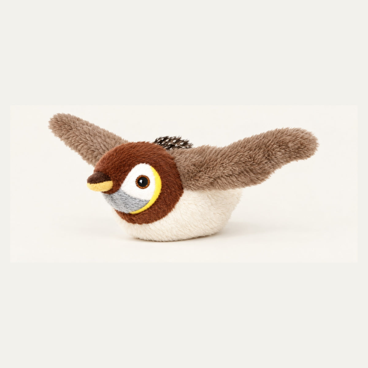 Brown plush rechargeable chirping flapping bird pet toy with wings spread