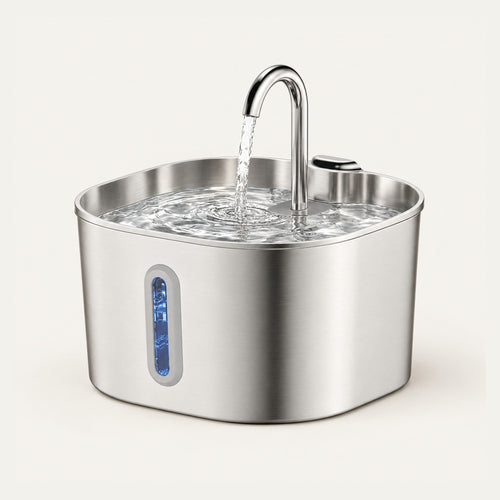 Stainless steel pet water fountain with curved spout and water level window