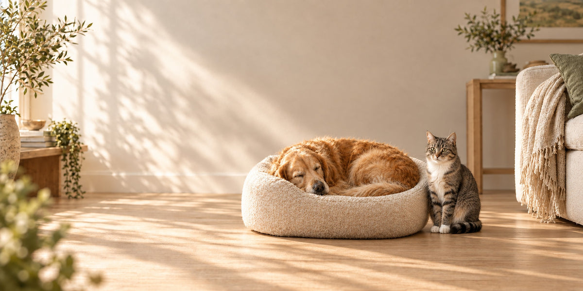 A golden retriever asleep in a cream boucle pet bed with a grey tabby cat sitting beside it in a sunlit living room