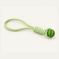 Green braided rope dog tug toy with treat dispensing rubber ball