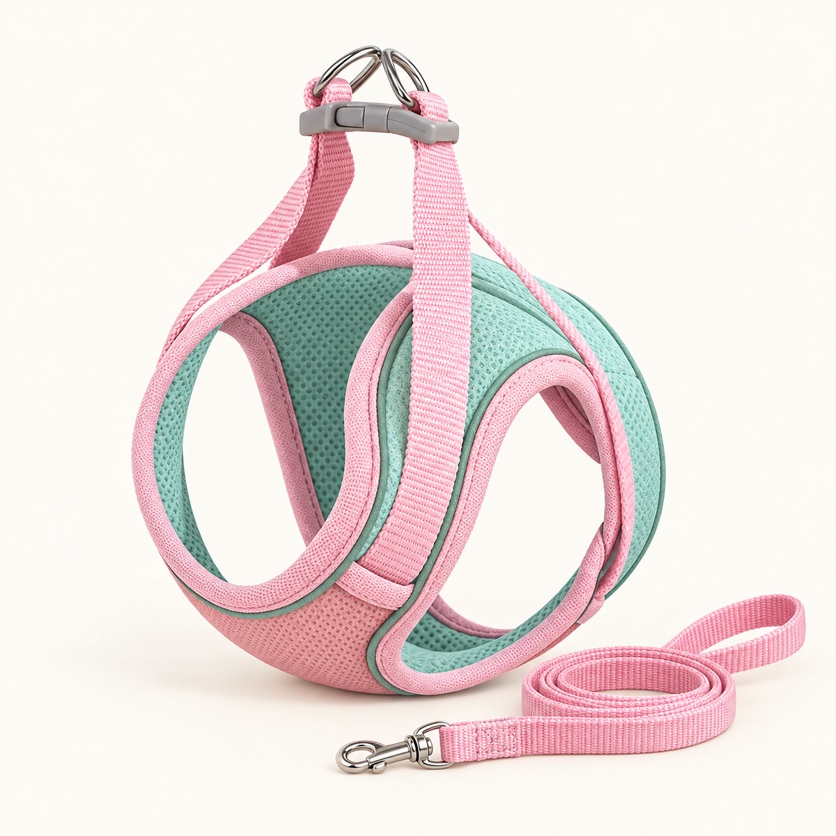 Blush pink and mint green step-in mesh cat vest harness with a grey top buckle and D-ring, shown with its matching pink nylon lead coiled beside it