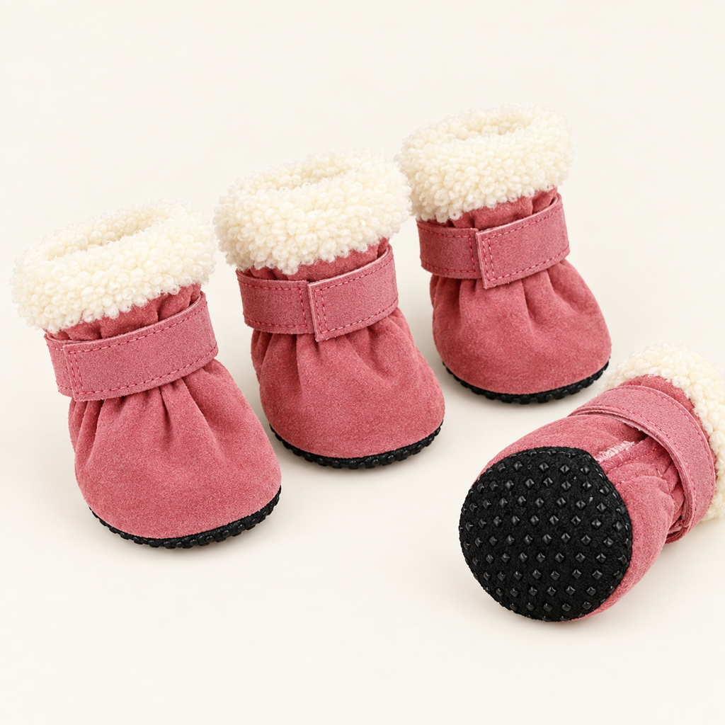 Set of four dusty rose suede dog booties with cream sherpa cuffs, velcro straps and black textured non-slip soles, one tipped to show the sole