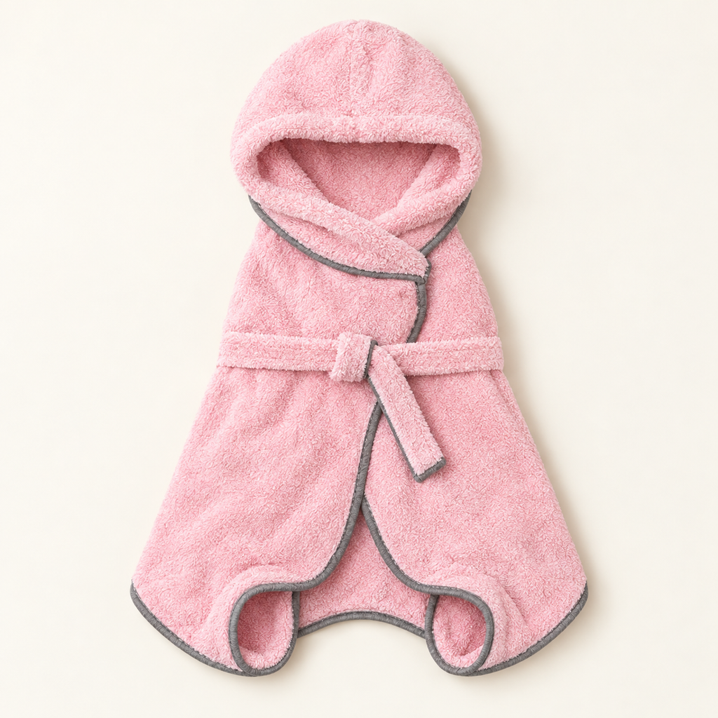 Blush pink plush microfibre dog drying robe with a hood, grey trim, a belt tie and four leg openings, laid flat