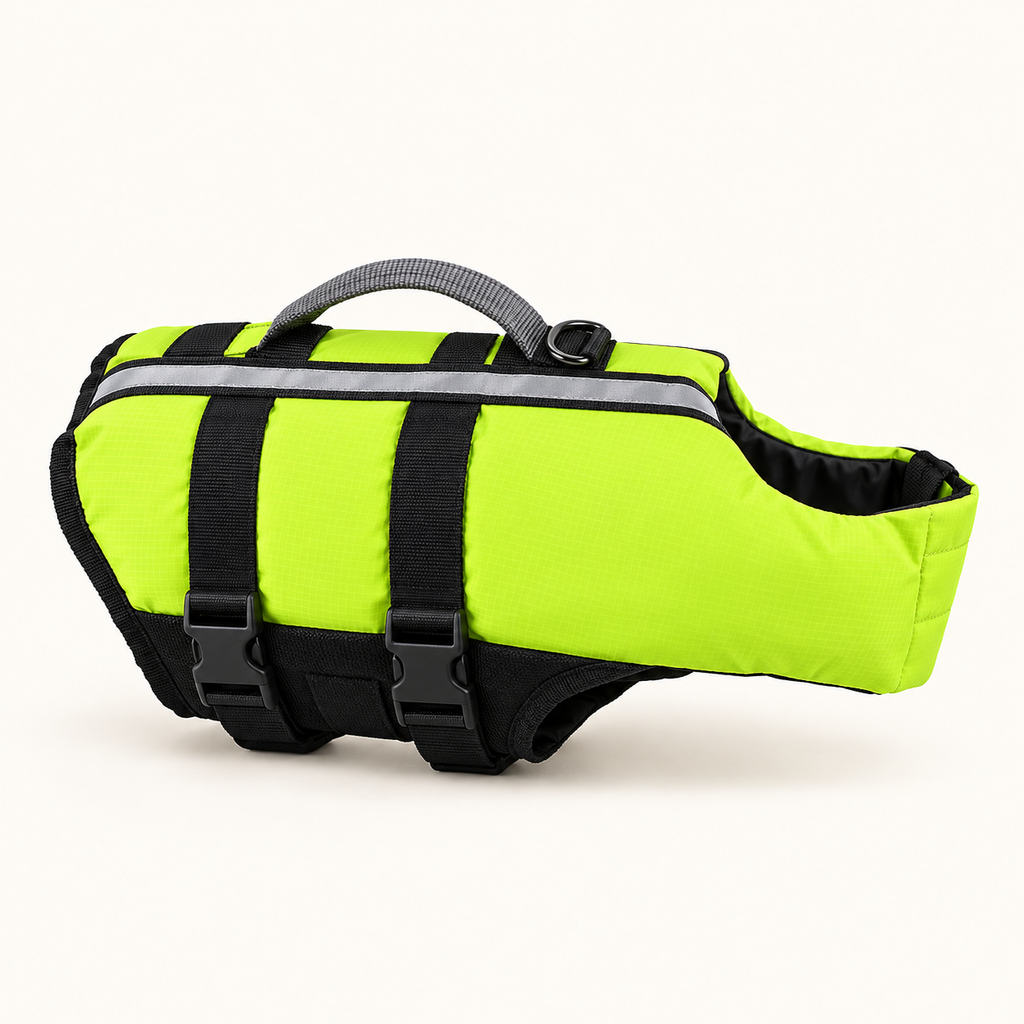 High-visibility neon yellow-green dog life jacket with black webbing straps, side-release buckles, reflective silver trim and a grey grab handle across the back