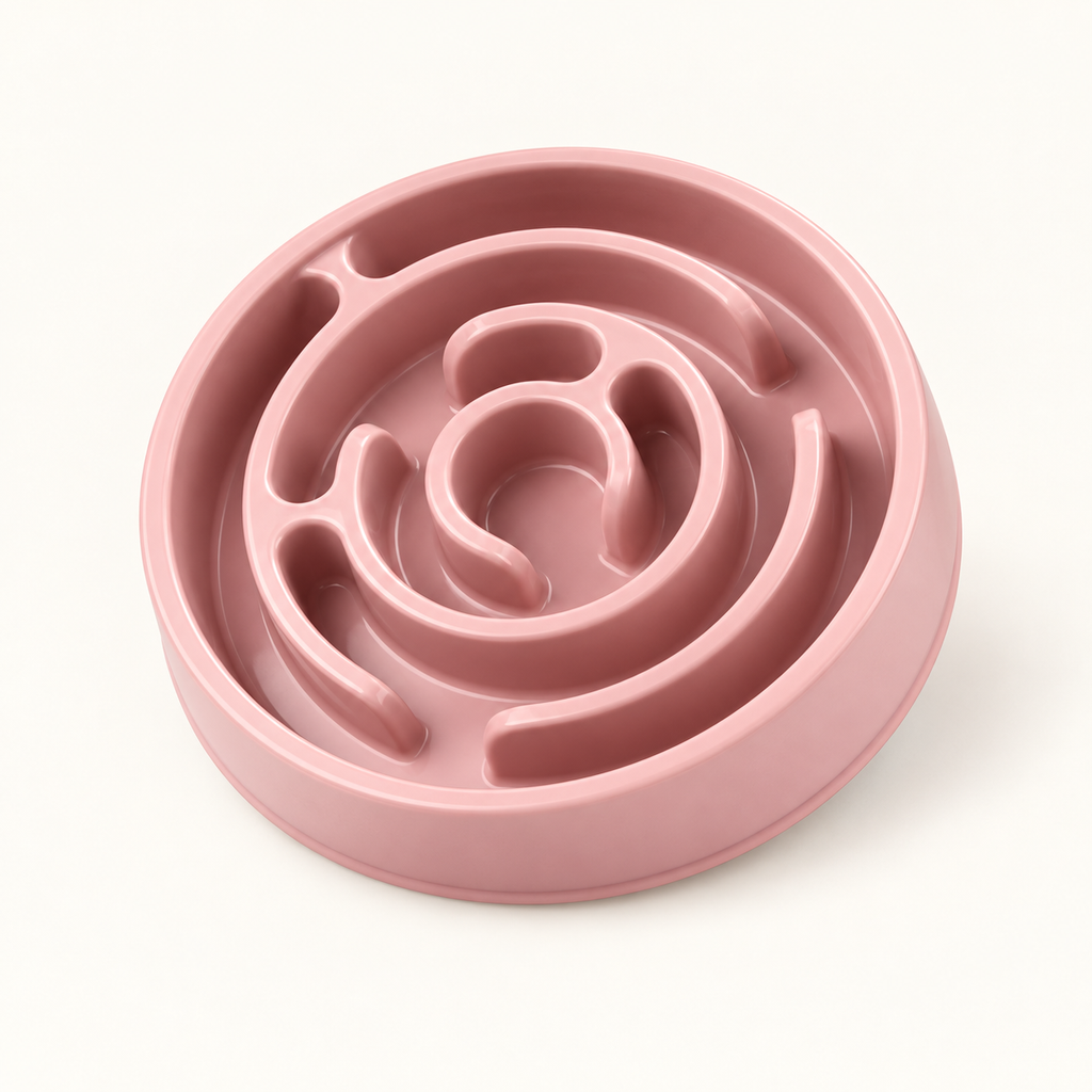 Round blush pink plastic slow feeder dog bowl with a raised concentric spiral maze moulded into the inside, photographed at a three-quarter angle