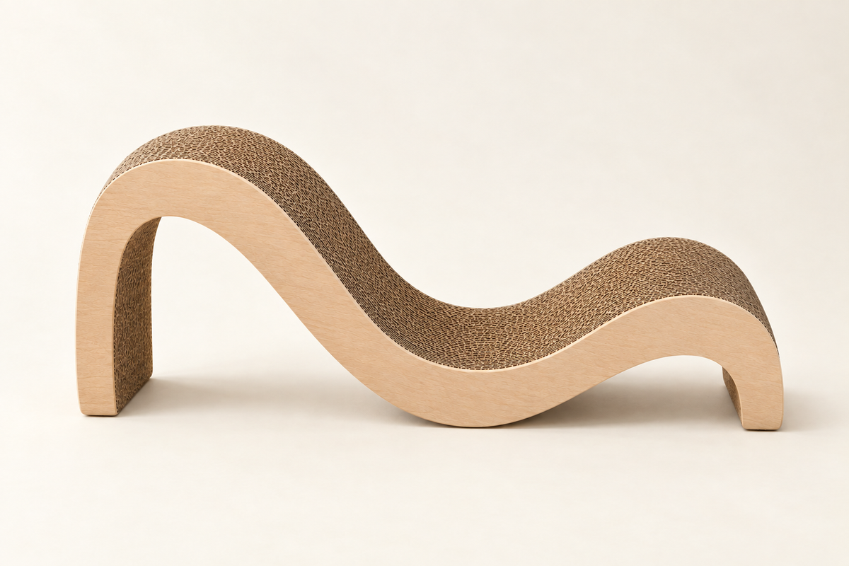 A natural beige curved vertical cat scratching lounger standing alone, showing the sisal scratching surface and the curved seat on a warm cream background.