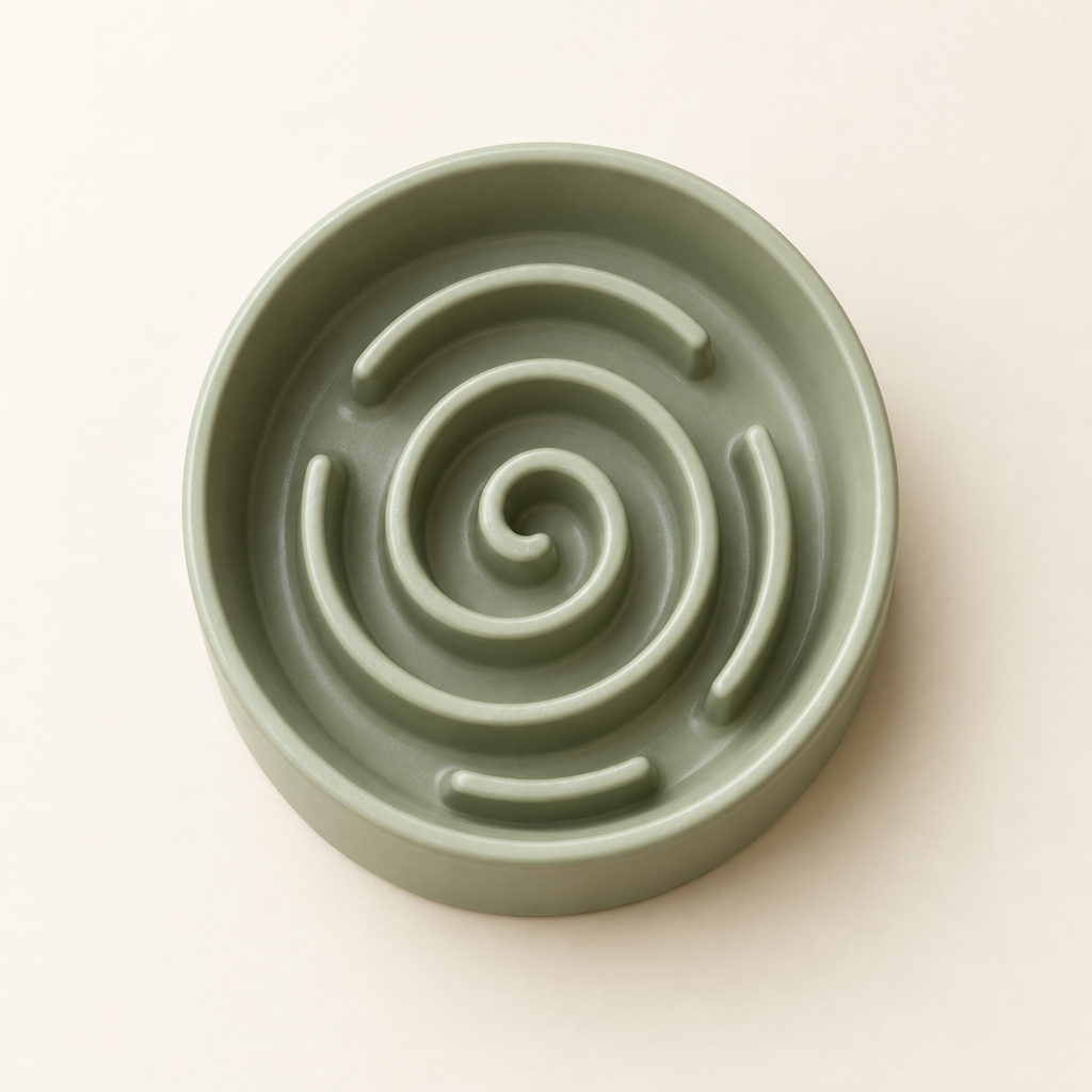 A pale sage green slow feeder pet bowl photographed from above showing the raised spiral maze in the base on a warm cream background.