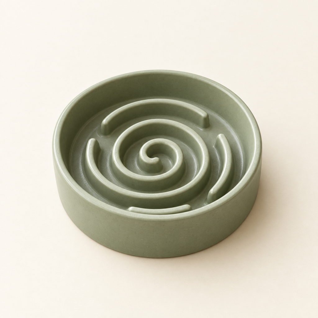 The same slow feeder bowl at a three-quarter angle showing the depth of the maze ridges and the bowl rim on a warm cream background.