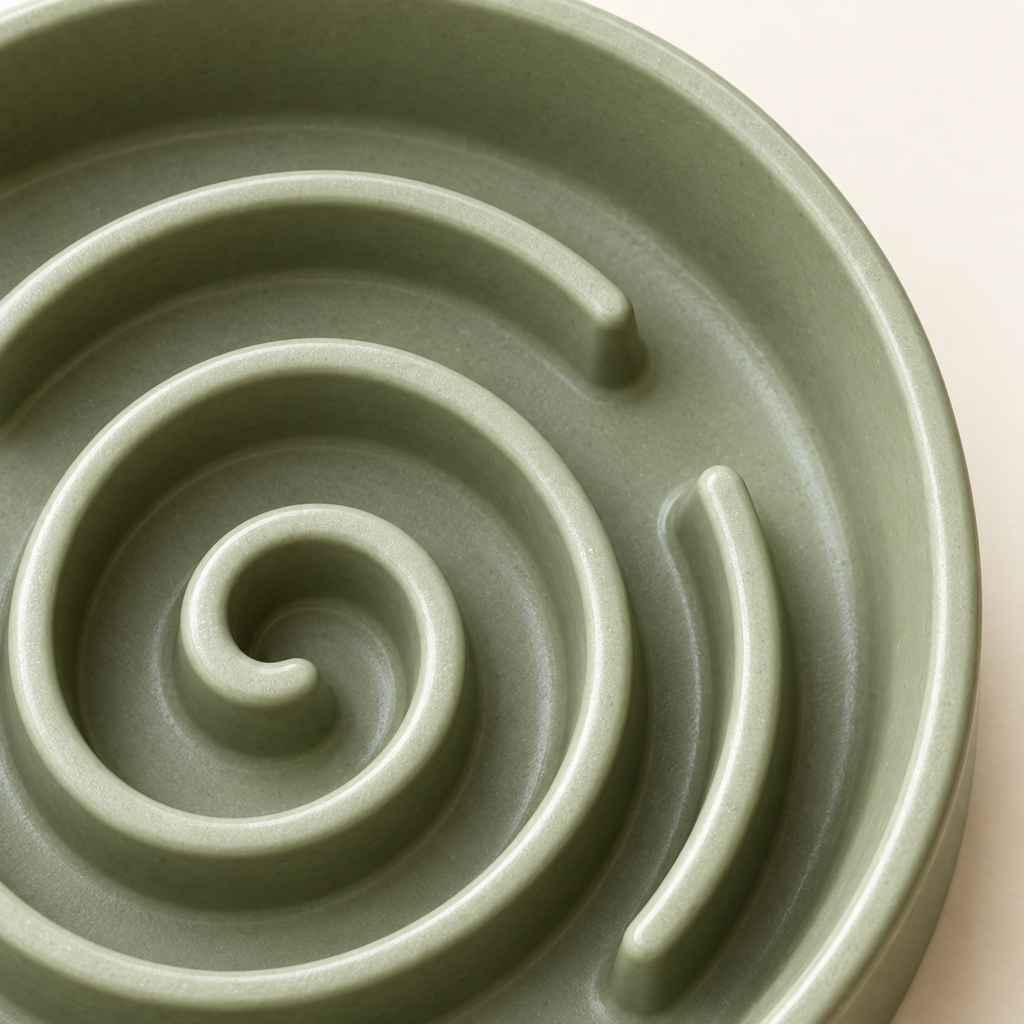 A close detail crop of the maze ridges inside a sage green slow feeder pet bowl on a warm cream background.