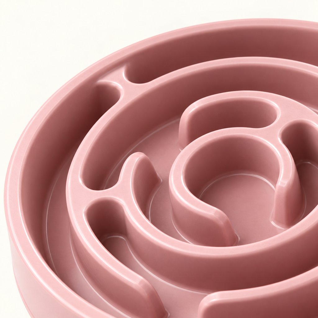 Close detail of the raised spiral ridges and the narrow winding channels between them inside the pink bowl