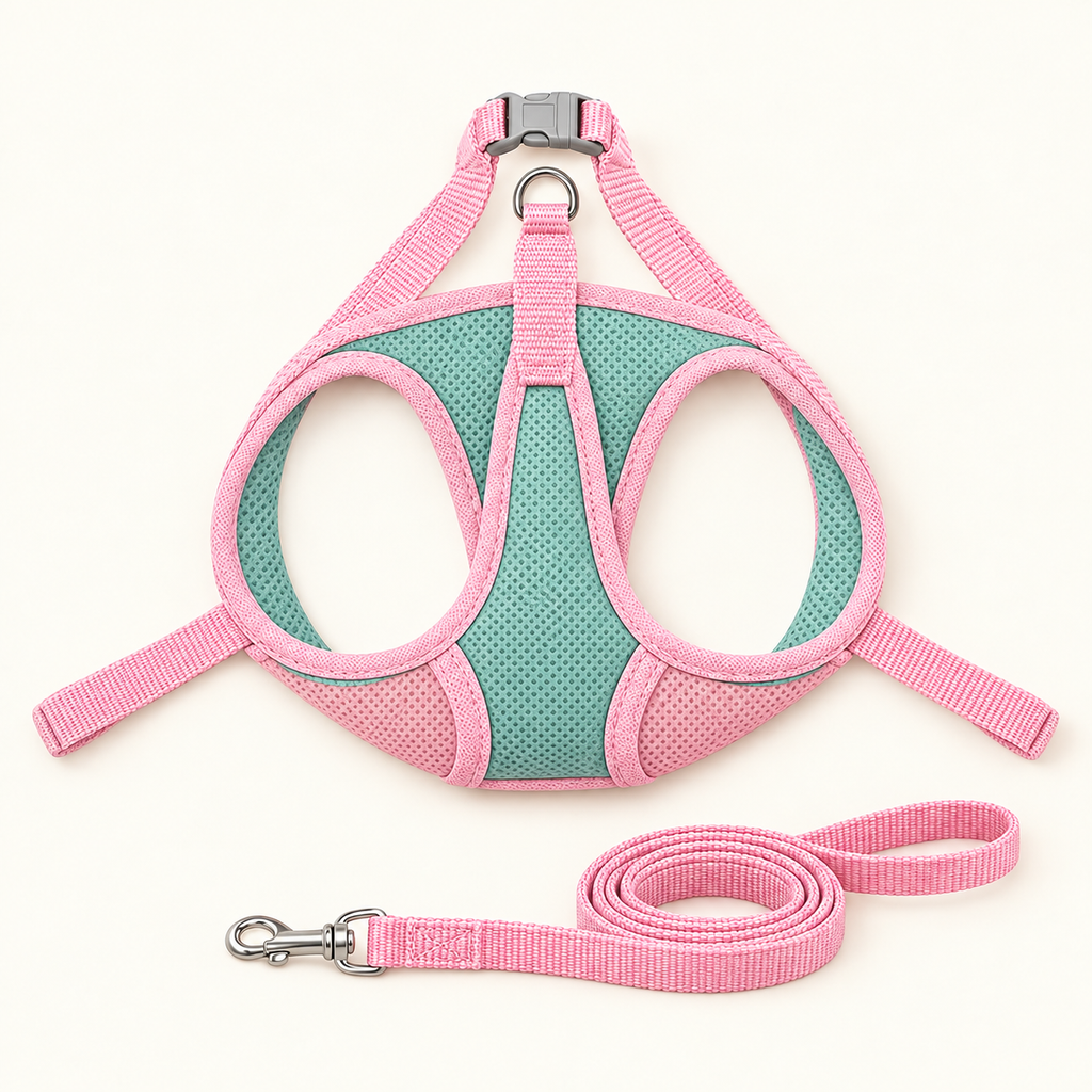 the harness opened out and laid flat to show the step-in shape, with its matching pink lead alongside