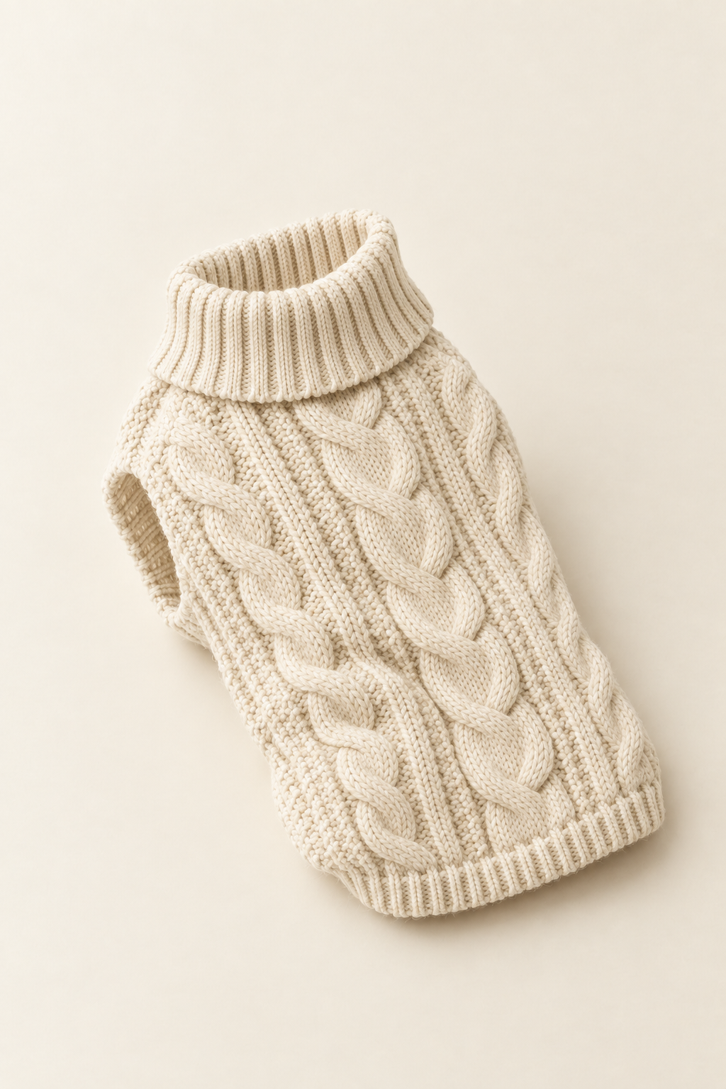 The same knitted pet sweater photographed from a low three-quarter angle, slightly rumpled to show the stretch of the knit on a warm cream background.
