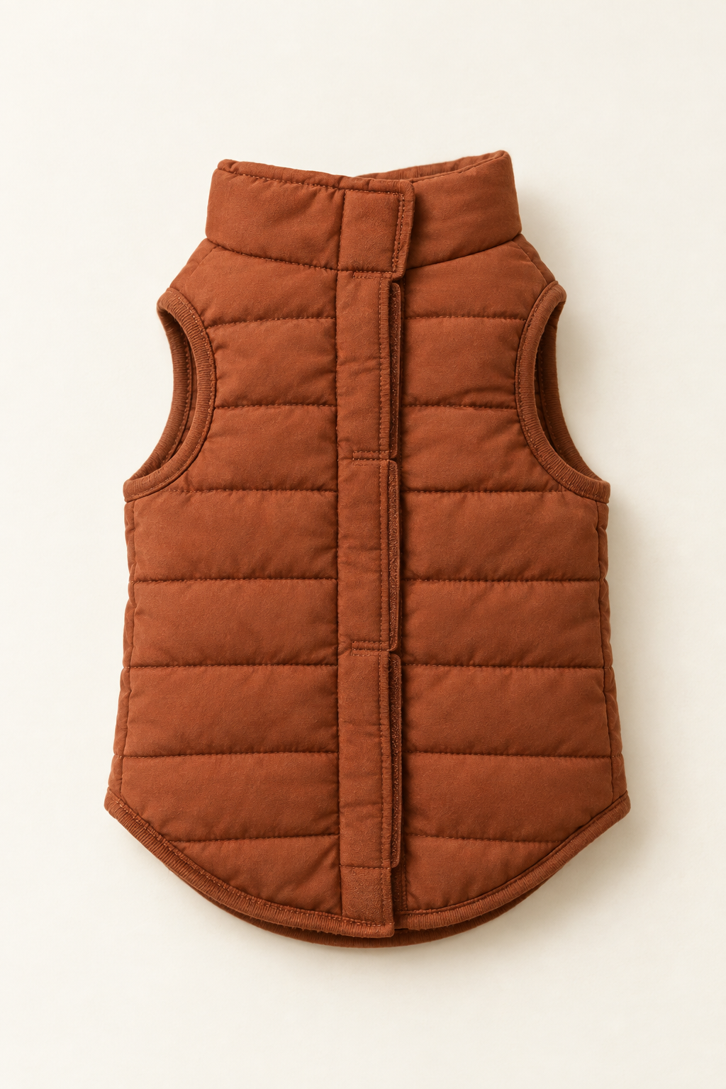 A warm rust quilted padded pet vest laid flat showing the quilting lines and back fastening on a warm cream background.