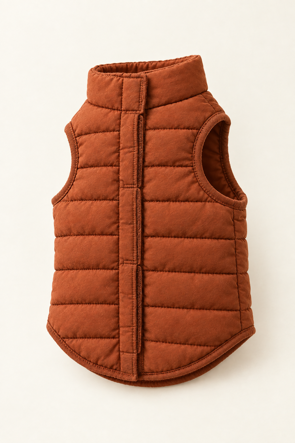 The same quilted pet vest at a three-quarter angle, gently shaped to show the loft of the padding on a warm cream background.