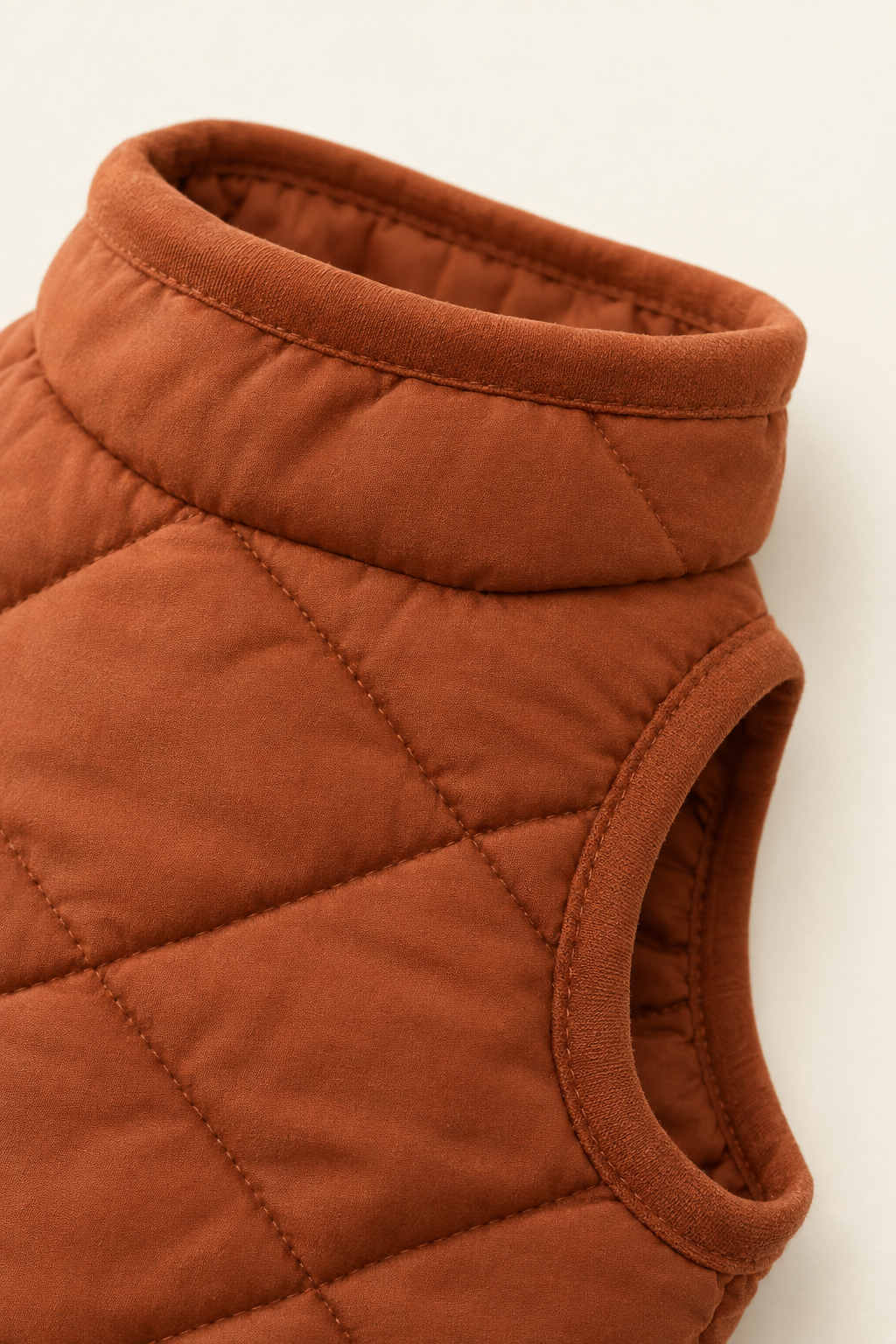 A close detail crop of the quilted stitching and collar edge on a rust padded pet vest on a warm cream background.